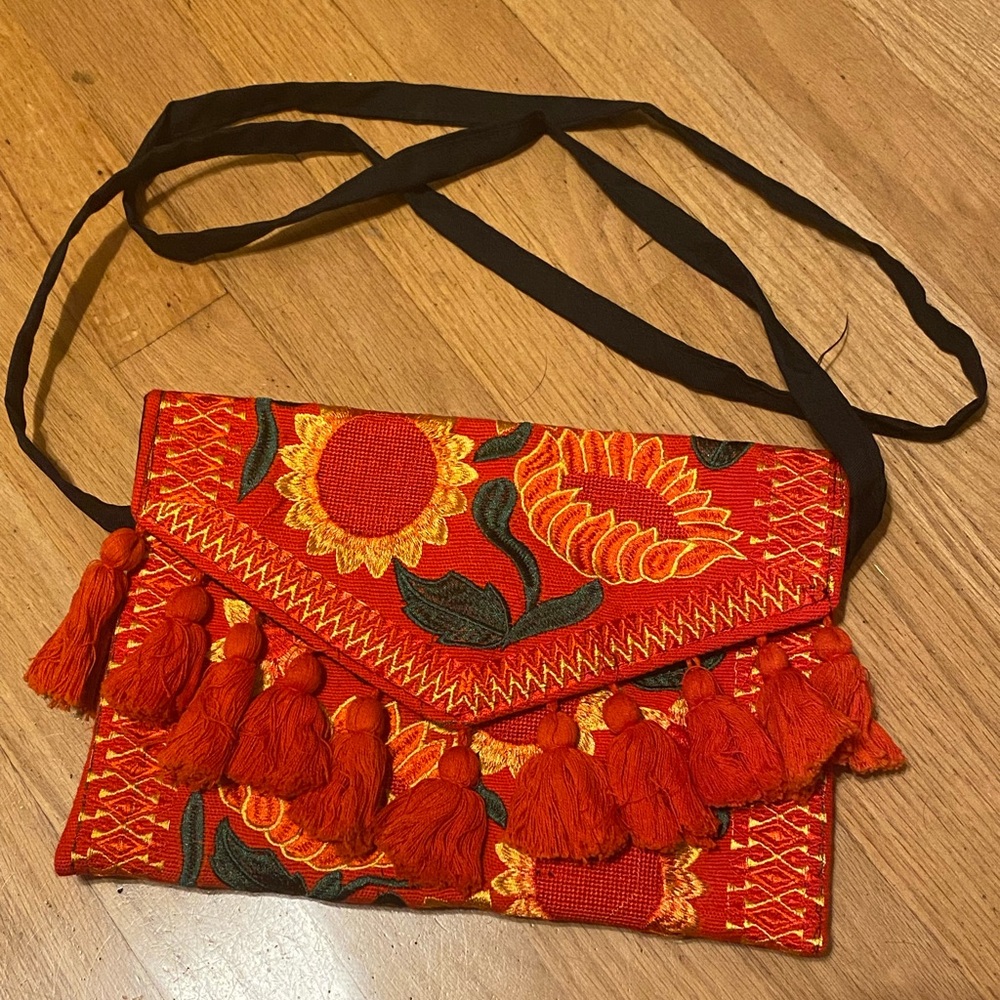 MEXICANA Red and Orange Embroidered Clutch
